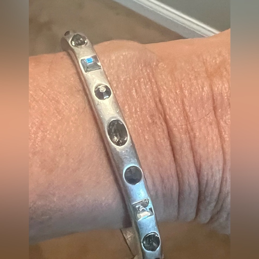 Silver hinge cuff bracelet, with dark, gray and clear crystals